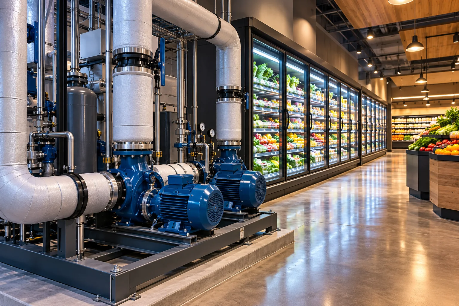 Grocery refrigerated cases beside a conceptual pump-and-pipe installation.