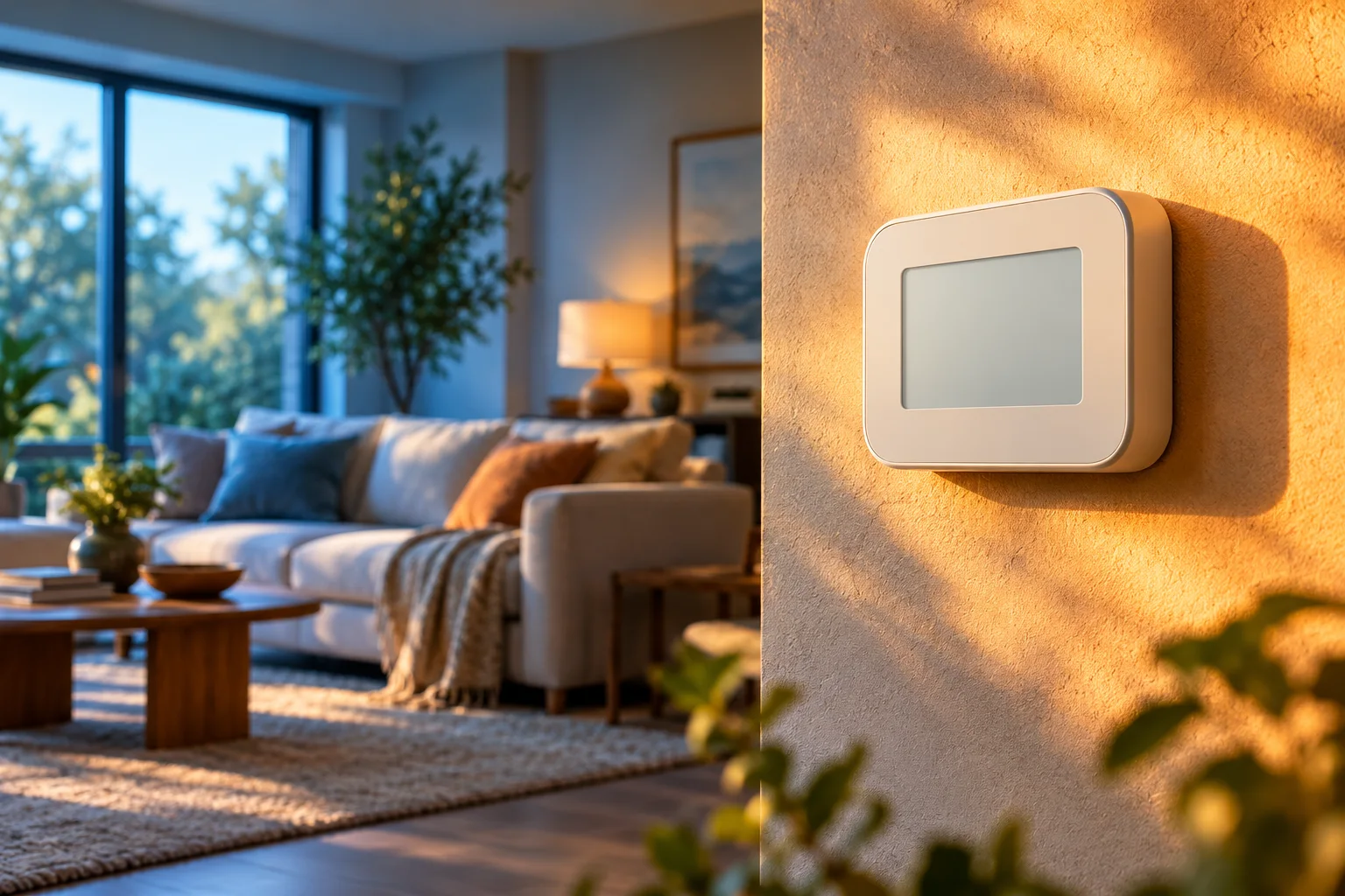 Unbranded wall thermostat beside a sunlit living room.